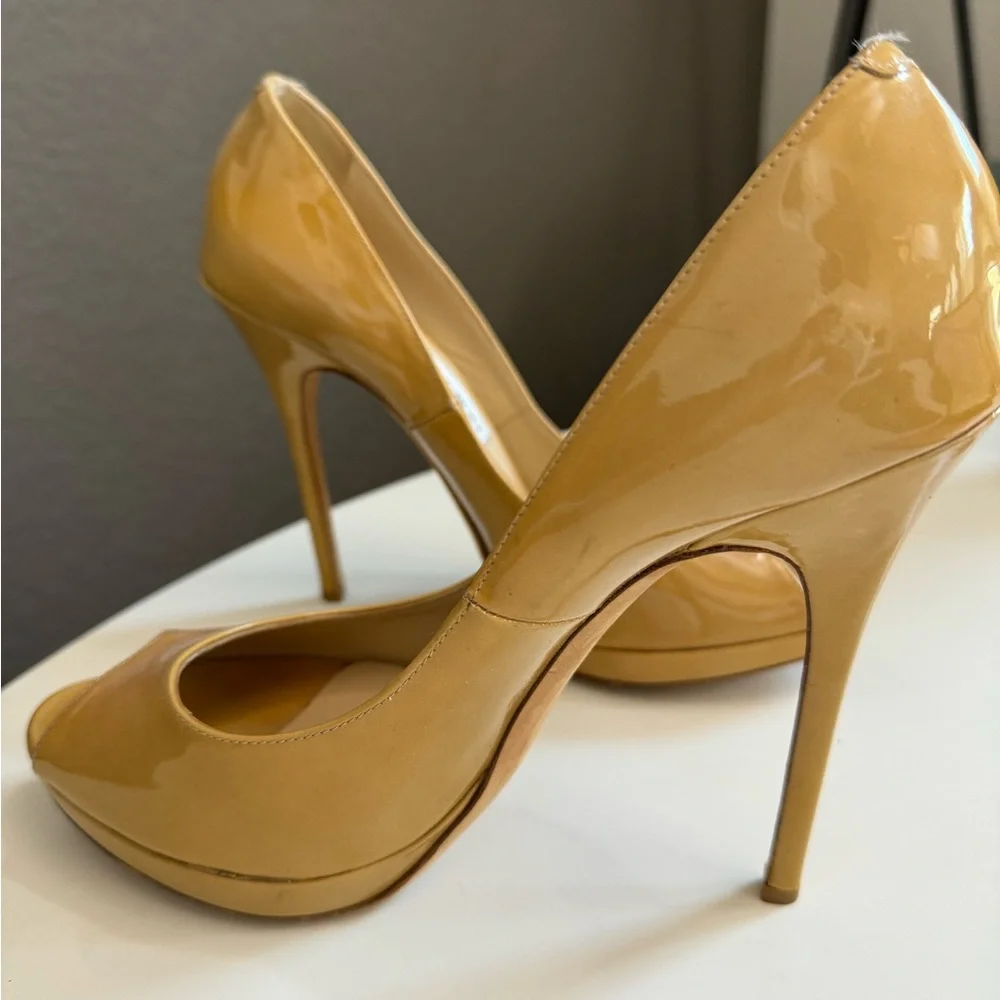 Jimmy Choo Peep Toe Stilettos, Tan Patent Leather, size 9 (39.5) - Picture 1 of 7